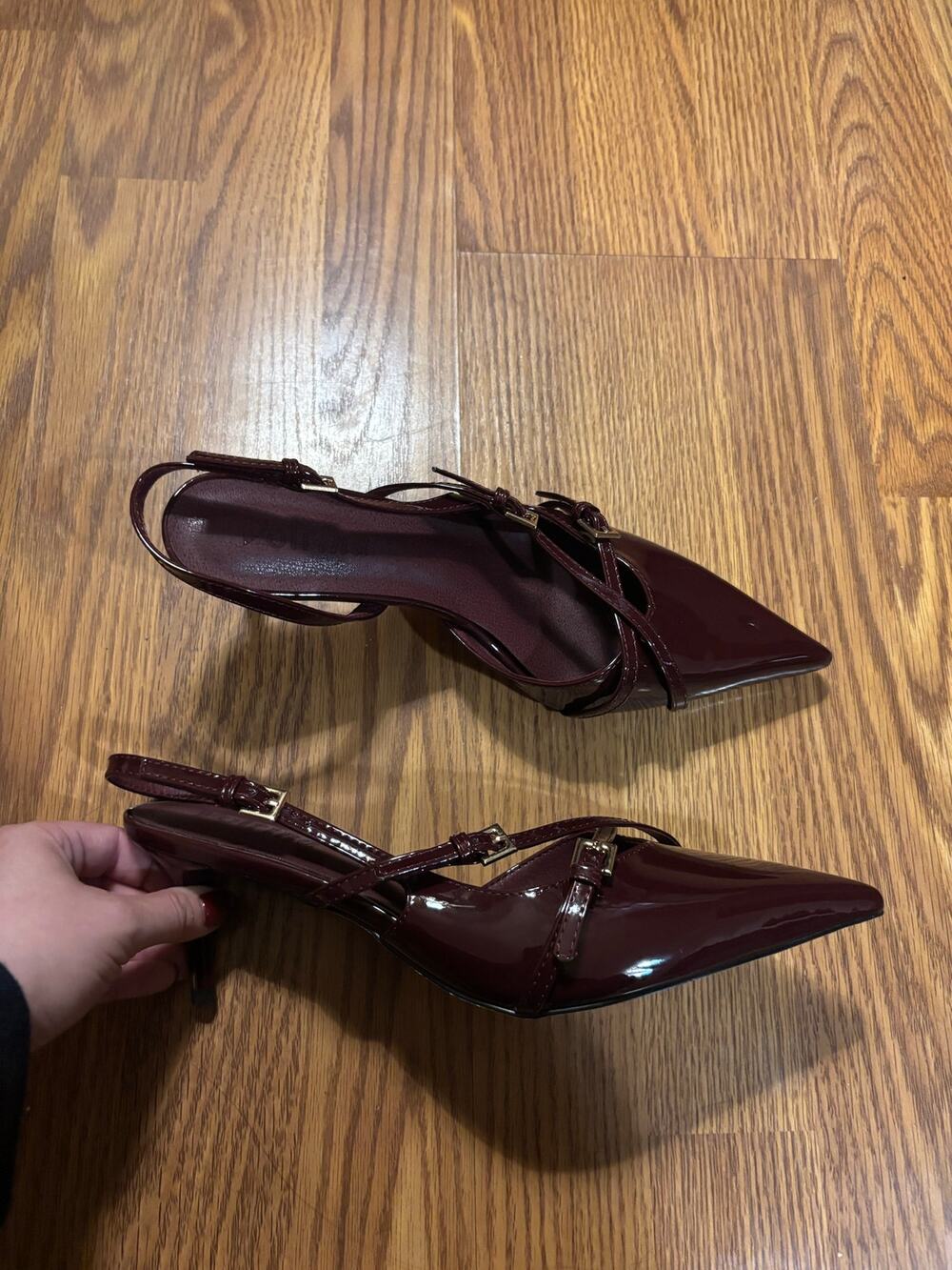 Volrina Burgundy Red Patent Leather Pointed Toe Slingback Buckle Kitten Heels